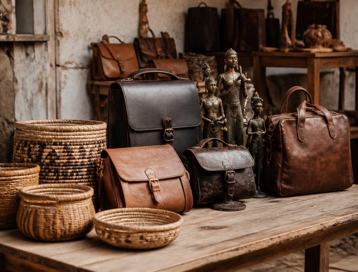 Sacs en cuir, bronzes et paniers tressés dans un atelier